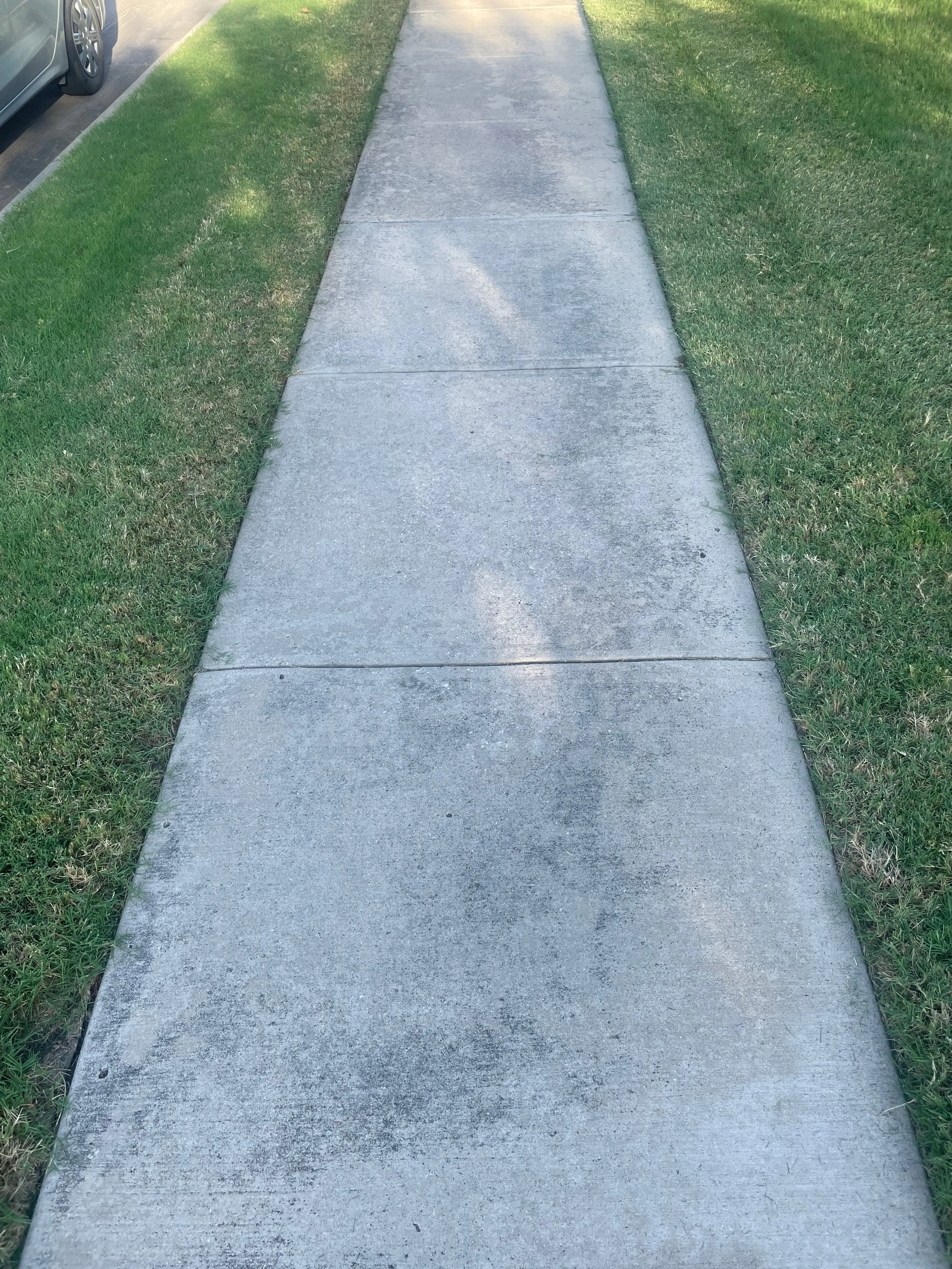 Sidewalk darkened with dirt and grime streaks before pressure washing in the Dallas area